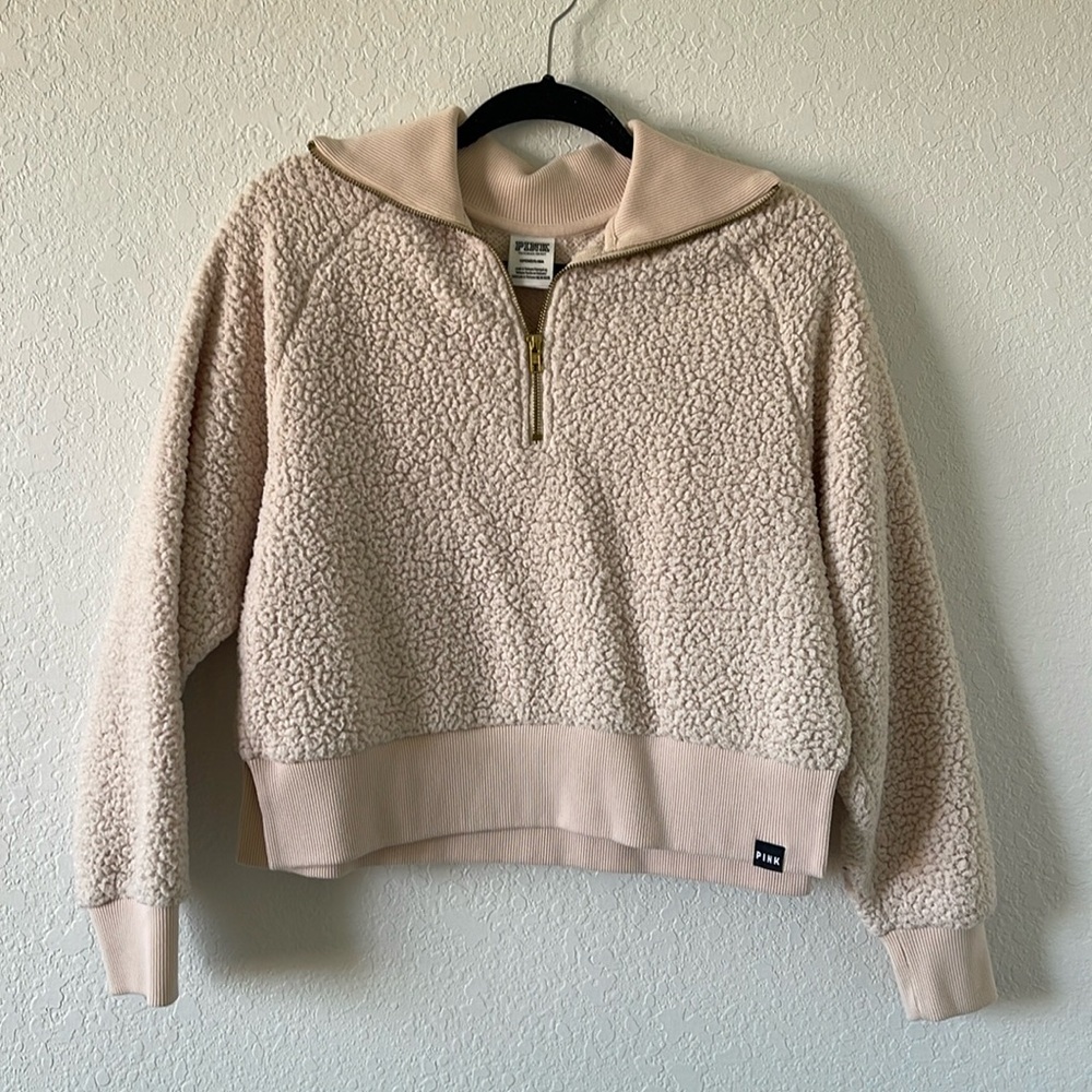 VS PINK Cream Sherpa Quarter Pullover Small EUC